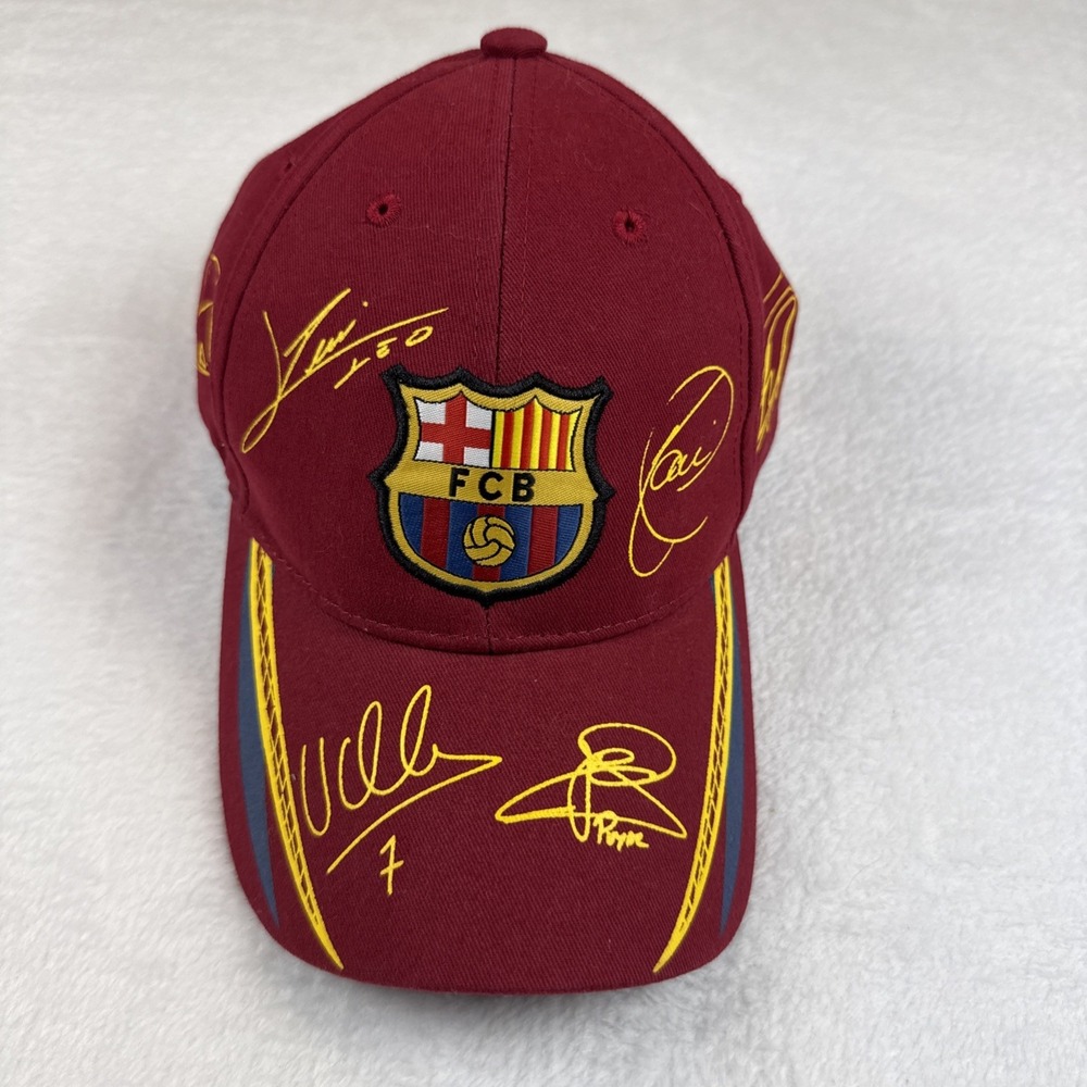 FCB FC Barcelona Logo & Printed Signatures Hat Cap Adjustable Strap Back Futbol